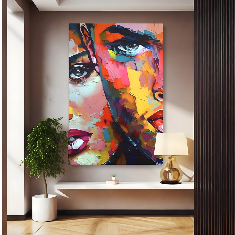 Tablou canvas cu tablou canvas cu chipuri in culori vibrante, fara rama, pe sasiu de lemn